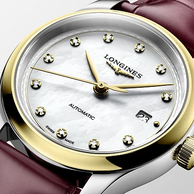 Longines Master Collection Automatic 30mm White Pearl Diamonds 18k Gold Caps L2.449.5.87.2