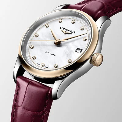 Longines Master Collection Lady 34mm White Pearl Dial 18k Gold Caps Diamonds L2.450.5.89.2