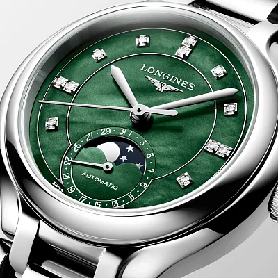 Longines PrimaLuna Automatic Moonphase Diamonds Green Dial L8.126.4.07.6