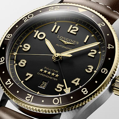 Longines Spirit Zulu Time 42mm GMT COSC Chronometer 18k Gold Bezel L3.812.5.53.2