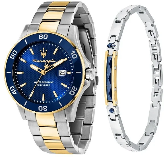 Maserati Competizione Blue Dial Yellow Gold PVD Bracelet Set R8873600007