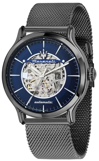 Maserati Epoca Automatic Blue Skeleton Dial Black Mesh Bracelet R8823118017