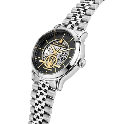 Maserati Epoca Automatic Black Skeleton Dial Steel Bracelet R8823118015