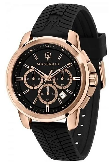 Maserati Successo Black Dial Rose Gold PVD Rubber Strap R8871621012