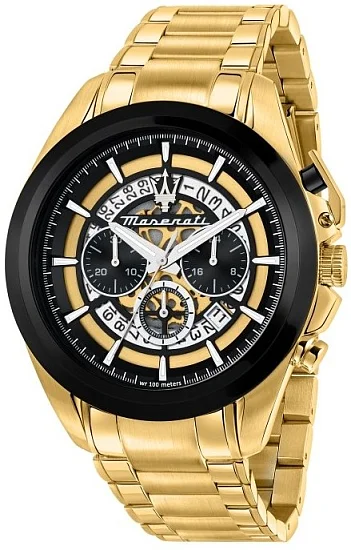 Maserati Traguardo Semi-Skeleton Dial Yellow Gold PVD Bracelet Chrono R8873612058