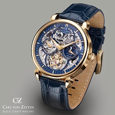 Carl von Zeyten Neukirch Automatic Moonphase GMT Skeleton Yellow Gold PVD Sapphire CVZ0005GBLS
