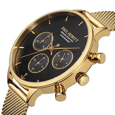 Paul Hewitt Oceanpulse Solar Chrono Black Dial Gold Mesh PH-W-0304
