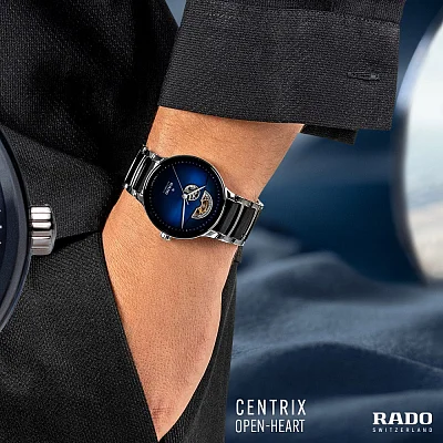 Rado Centrix Gent Automatic Open-Heart L Black Ceramic Blue Dial R30012202