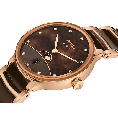 Rado Centrix Lady Quartz Date Moonphase Diamonds Brown Ceramic R30232902