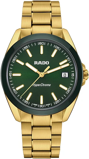 Rado HyperChrome Gent Quartz XL Green Dial Yellow Gold PVD R32283313