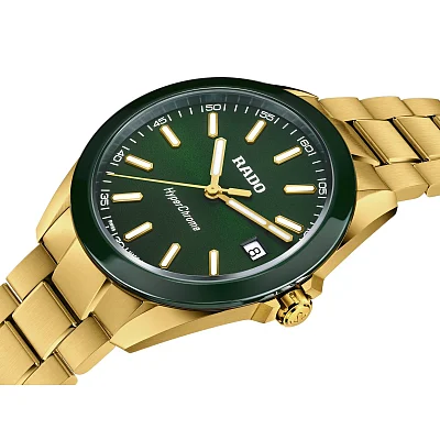 Rado HyperChrome Gent Quartz XL Green Dial Yellow Gold PVD R32283313