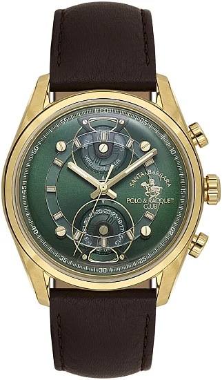Santa Barbara Polo Legend Quartz Day-Date Green Dial Brown Leather Strap SB110667-3