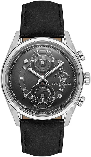 Santa Barbara Polo Legend Quartz Day-Date Black Dial Black Leather Strap SB110667-1