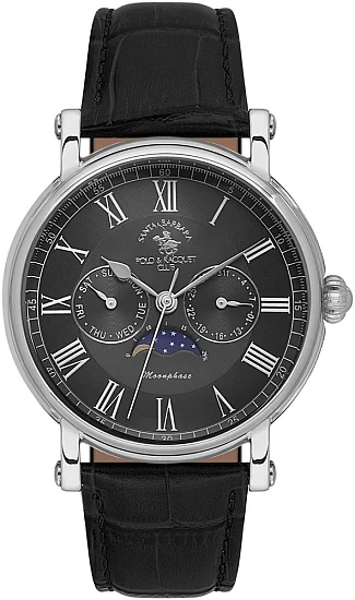 Santa Barbara Polo Legend Quartz Day-Date Moonphase Black Dial Black Leather Strap SB410033-2