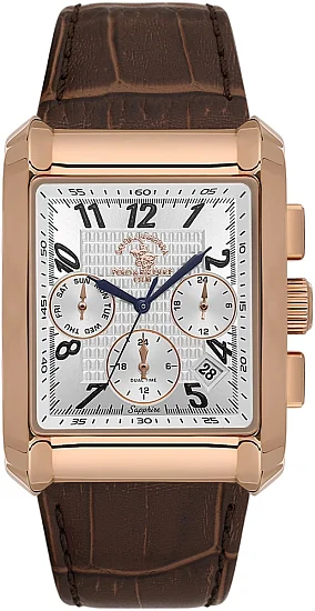 Santa Barbara Polo Legend Quartz Day-Date Multifunction GMT Silver Dial Brown Leather Strap Gold PVD SB110550-4