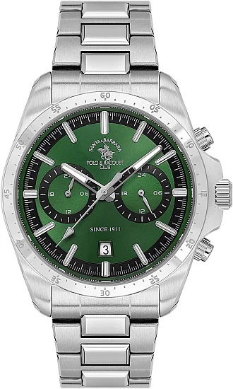 Santa Barbara Polo Legend Quartz Chrono Date Green Dial Steel Bracelet SB110698-4