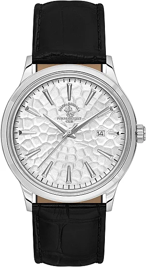 Santa Barbara Polo Noble Quartz Date Silver Dial Black Leather Strap SB410038-1
