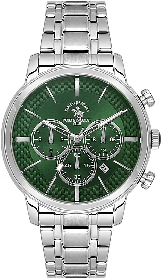 Santa Barbara Polo Legend Quartz Chrono Date Green Dial Steel Bracelet SB410046-5