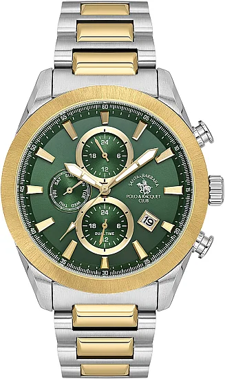 Santa Barbara Polo Legend Quartz Chrono Date Green Dial Steel Bracelet SB110700-5