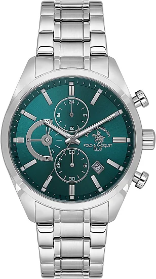 Santa Barbara Polo Legend Quartz Chrono Date Green Dial Steel Bracelet SB410051-4