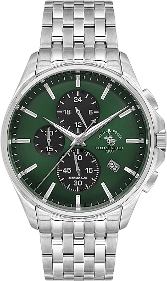 Santa Barbara Polo Legend Quartz Chrono Date Green Dial Steel Bracelet SB410041-4