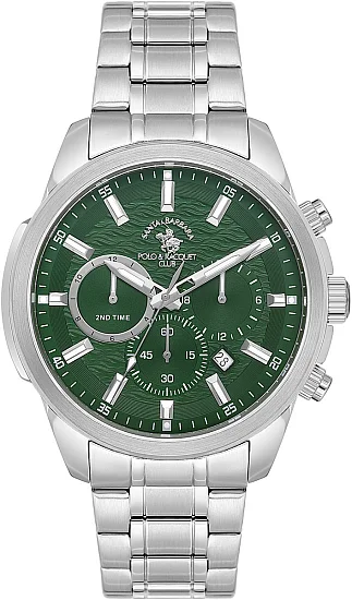 Santa Barbara Polo Legend Quartz Chrono Date Green Dial Steel Bracelet SB410047-4