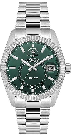 Santa Barbara Polo Legend Quartz Date Green Dial Steel Bracelet SB110598-2