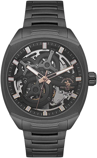 Santa Barbara Polo Luxury Automatic Black Skeleton Dial Black Steel Bracelet SB510006-4