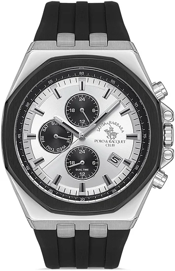 Santa Barbara Polo Luxury Quartz Day-Date Multifunction GMT Silver Dial Black Silicone Strap SB110432-1