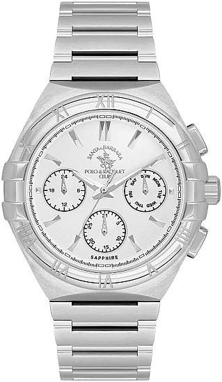 Santa Barbara Polo Luxury Quartz Day-Date Silver Dial Steel Bracelet SB110548-6