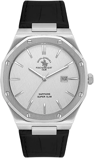 Santa Barbara Polo Noble Quartz Date Silver Dial Black Leather Strap SB110672-1