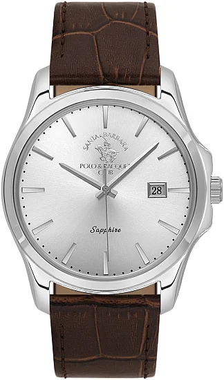 Santa Barbara Polo Noble Quartz Date Silver Dial Brown Leather Strap SB110535-7