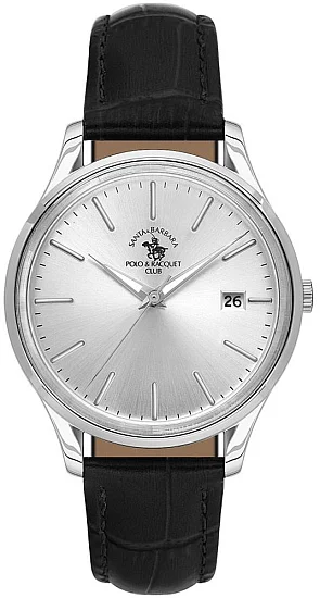 Santa Barbara Polo Noble Quartz Date Silver Dial Black Leather Strap SB810011-1