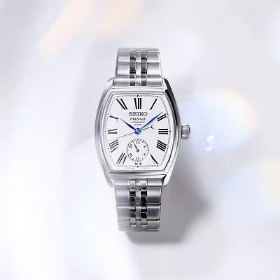 Seiko Presage Prestige Line Tonneau Automatic Craftsmanship Series White Enamel Dial 24h SPB537J1