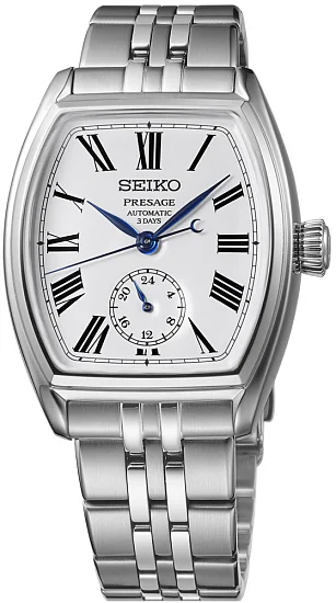 Seiko Presage Prestige Line Tonneau Automatic Craftsmanship Series White Enamel Dial 24h SPB537J1