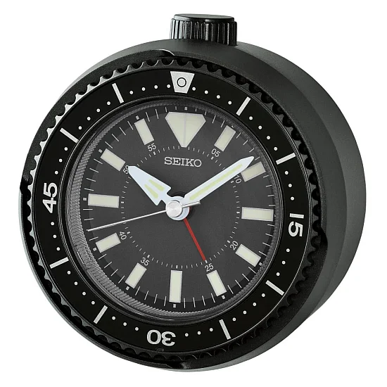 Seiko Zegar Biurkowy Analogowy Okrągły Czarny z Alarmem Diver Style QHE207K