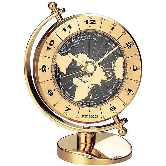 Seiko Zegar Biurkowy Analogowy Mapa Świata Złoty QHG106G