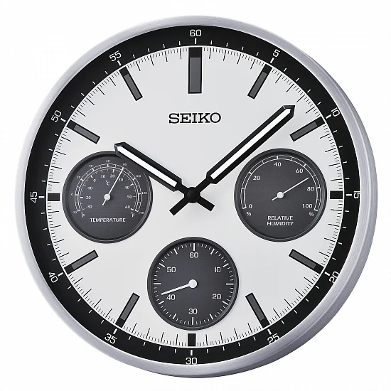 Seiko Zegar Ścienny Analogowy Okrągły Szary Termometr Higrometr QXA823S