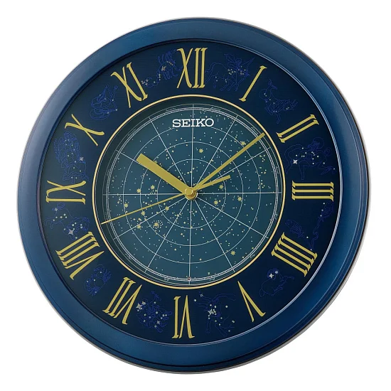 Seiko Zegar Ścienny Analogowy Okrągły Znaki Zodiaku Niebieski Podświetlany QHA013L