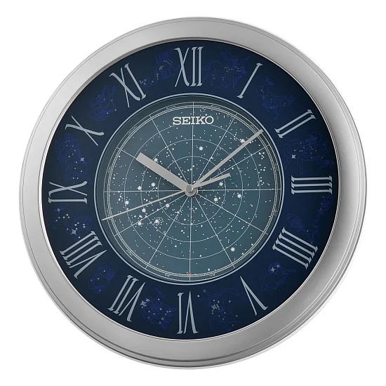 Seiko Zegar Ścienny Analogowy Okrągły Znaki Zodiaku Szaro-niebieski Podświetlany QHA013S