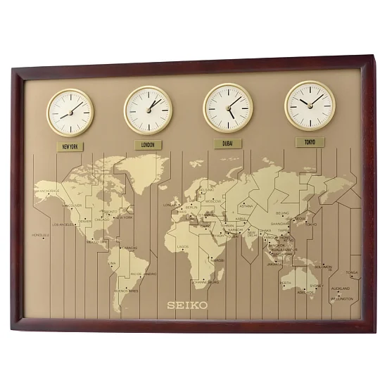 Seiko Zegar Ścienny Analogowy Brązowy Mapa Świata Strefy Czasowe QXA722B