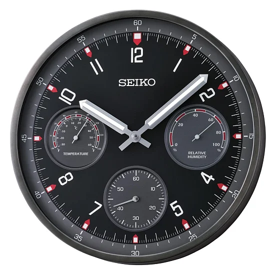 Seiko Zegar Ścienny Analogowy Okrągły Czarny Termometr Higrometr QXA823K