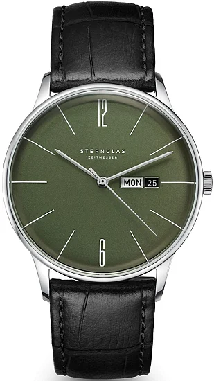 Sternglas Berlin Quartz Day-Date Olive Green Dial Black Strap S01-BE08-HE04