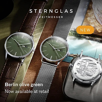 Sternglas Berlin Quartz Day-Date Olive Green Dial Brown Strap S01-BE08-HE05