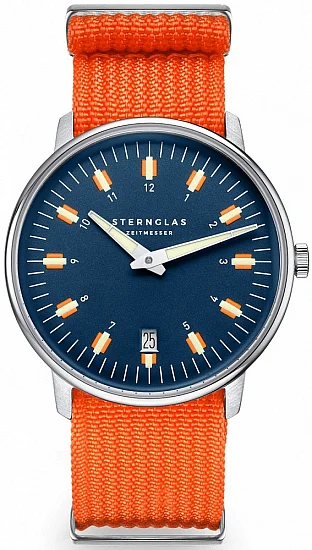 Sternglas Egor Quartz Date Dark Blue Dial Signal Orange NATO Strap S01-EG06-FI02