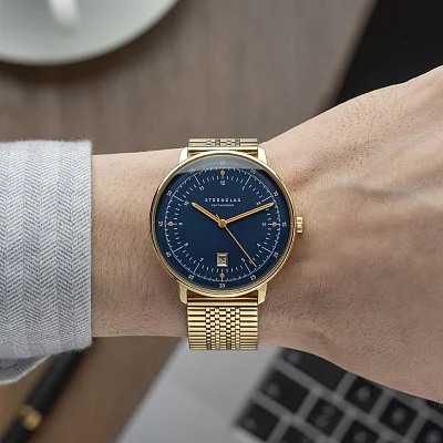 Sternglas Hamburg Quartz Date Dark Blue Gold Mesh S01-HH07-ME09