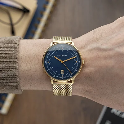 Sternglas Hamburg Quartz Date Dark Blue Gold Mesh S01-HH07-MI05
