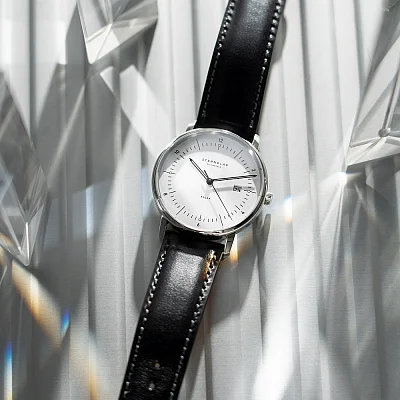 Sternglas Naos Solar Date White Dial Black Leather Strap S01-NS01-BR02