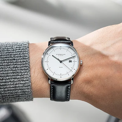 Sternglas Naos Solar Date White Dial Black Leather Strap S01-NS01-BR02