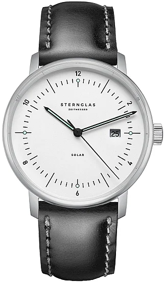 Sternglas Naos Solar Date White Dial Black Leather Strap S01-NS01-BR02